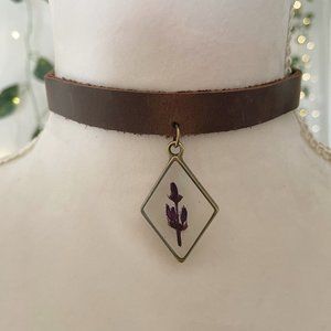 Lavender purple resin brown leather collar/choker